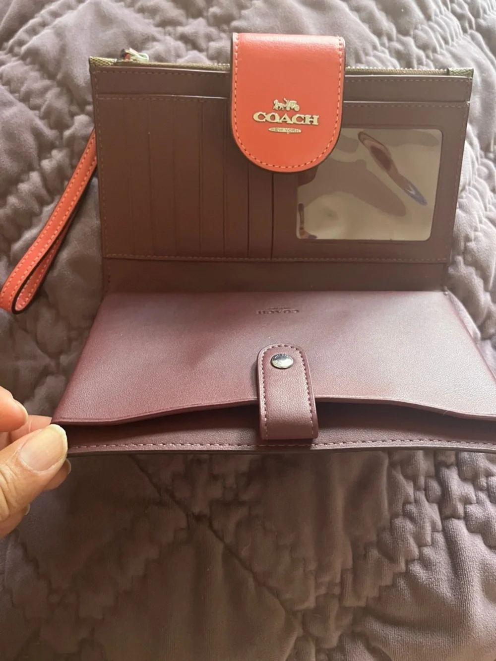 Coach Brown Signature Phone Wallet with Coral Snap and Strap - Picture 4 of 5